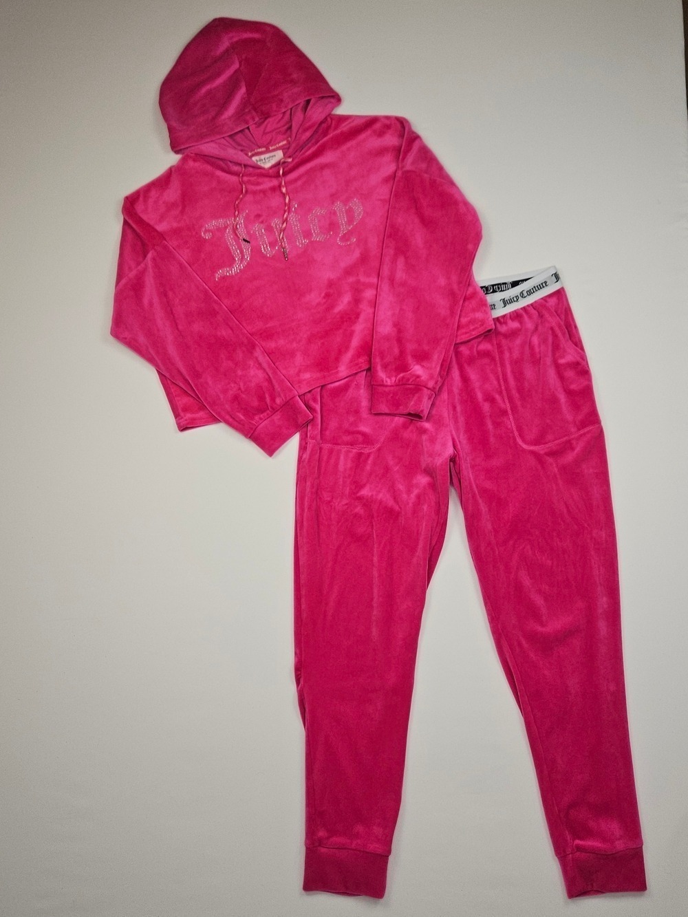 Juicy Couture Velour Lounge Set Pink Rhinestone Hoodie Joggers Womens Large Y2K
